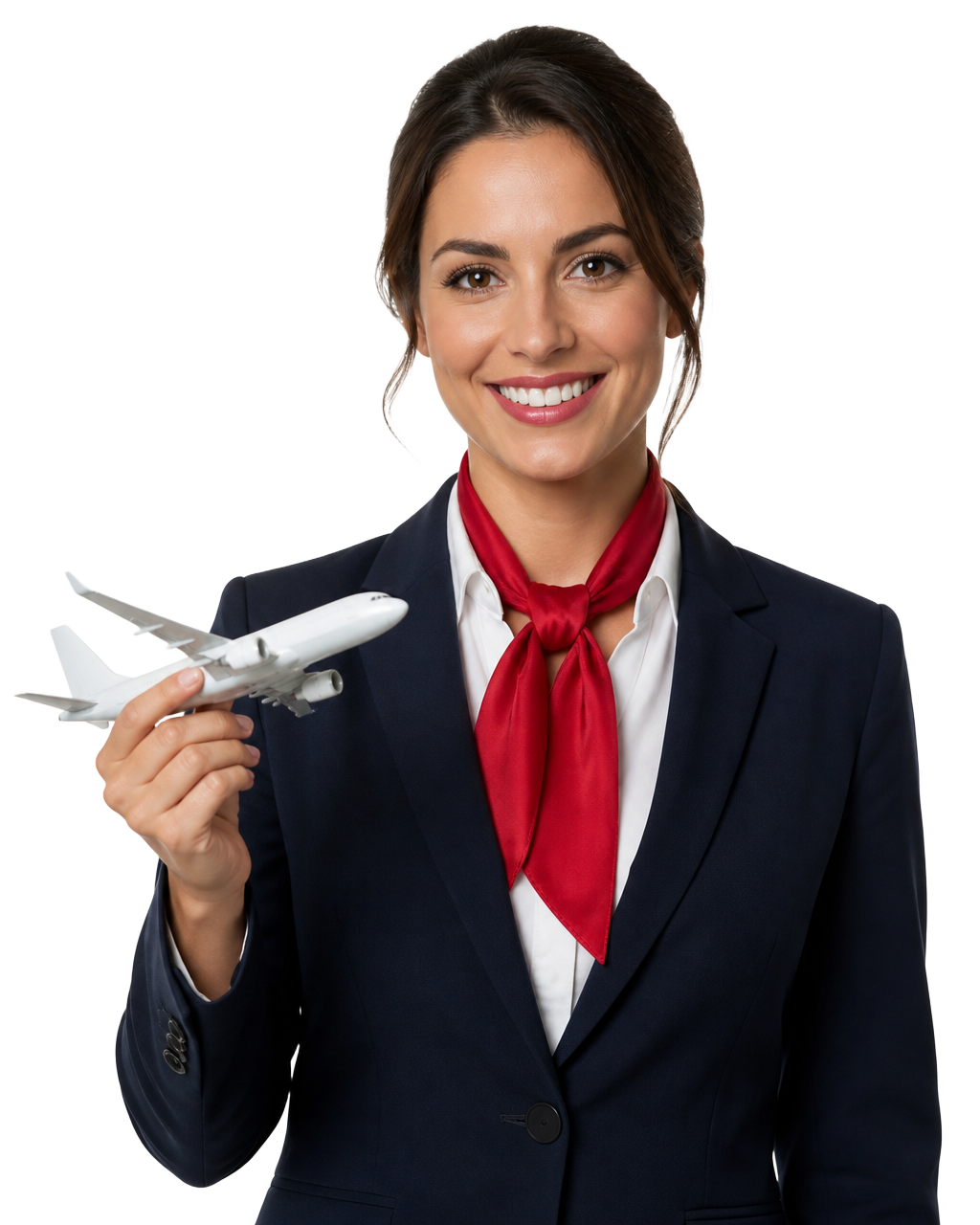 Especialista da Winter Voyage segurando um avião em miniatura
